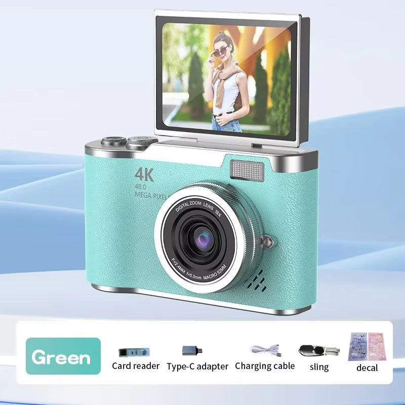 4K CCD 8X Digital Zoom Digital Camera for Student 48MP Compact Digital Photography Camera 180°Flip Screen Selfile Camera